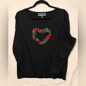 Karen Scott Black Top with Red Winter Holiday Floral Heart